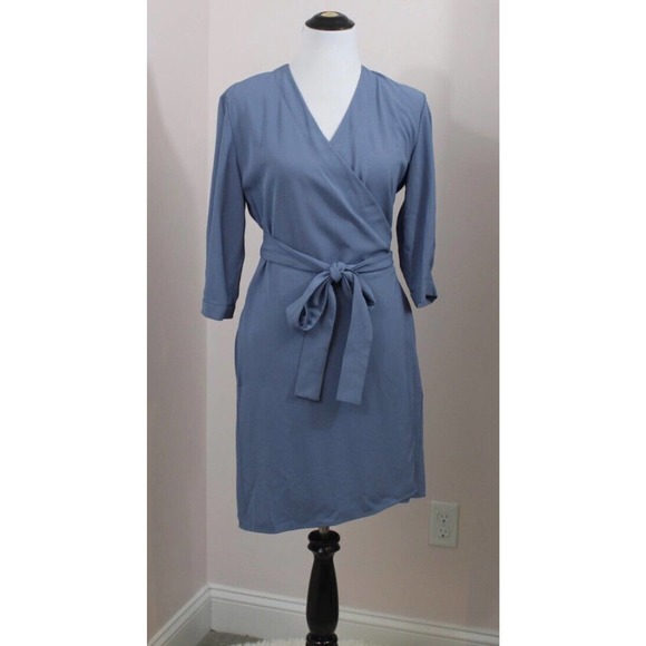 EVERLANE Sz 2 Blue Wrap Dress Japanese GoWeave 3/4 Sleeve - Picture 7 of 8